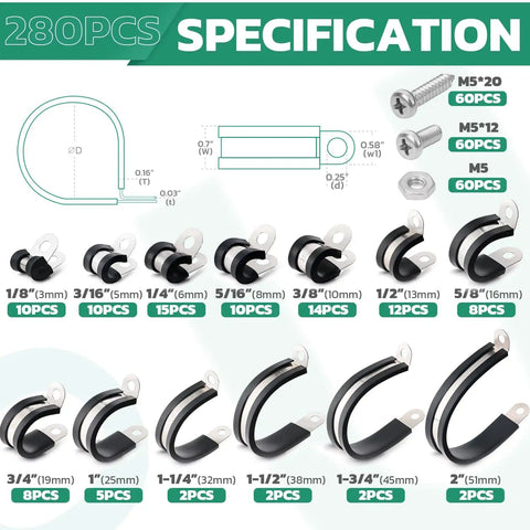 Diagram of Stainless Steel Cable Clamps Set With Screws 280 Piece Assortment Kit 13 Sizes From 1/8 Inch To 2 Inches Rubber Cushioned
