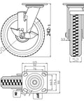 Eight Inch Heavy Duty Caster Wheels Set Of Four Featuring Never Flat Solid Rubber Tires With Knobby Treads technical drawing, showcasing dimensions.