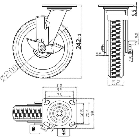 Eight Inch Heavy Duty Caster Wheels Set Of Four Featuring Never Flat Solid Rubber Tires With Knobby Treads technical drawing, showcasing dimensions.