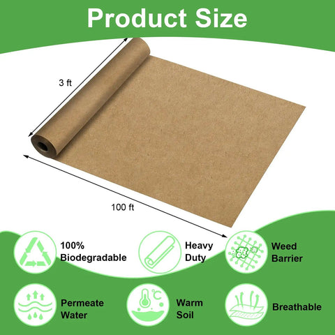 Biodegradable Garden Weed Barrier Paper Roll For Outdoor Gardens And Lawns, Thickened Tear Resistant Landscape Paper, 3 x 100 ft size