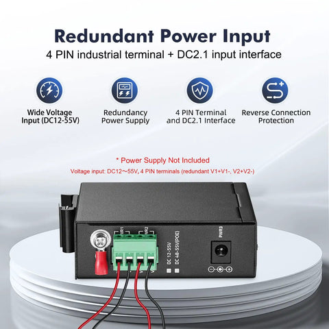 Redundant power input of Six Port Mini Gigabit Industrial DIN Rail Switch with four 100 1000 Mbps Ethernet ports and gigabit uplink.