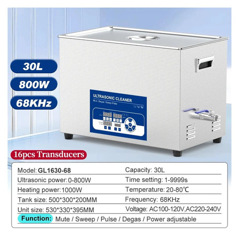 Badass Ultrasonic Cleaner With 800 Watt Muscle And Digital Timer Cycling Frequencies To Squash Stubborn Grime On Lab Gear Car Parts Jewelry And Eyeglasses In Steel Tank, 30L, 68kHz frequency.