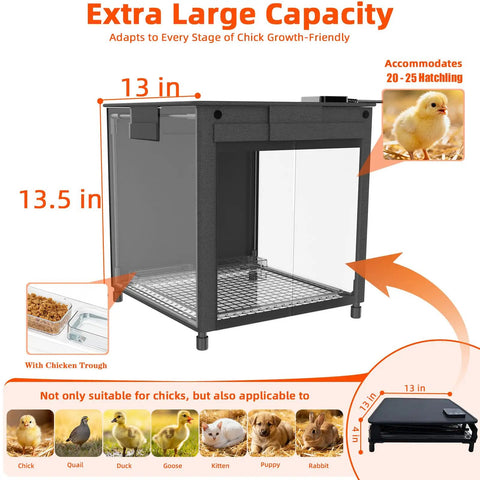 Image of the All-In-One Chick Brooder Box with Adjustable Temperature 77 To 95 F, featuring dimensions and chick capacity details.