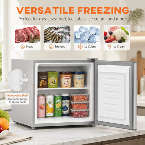 1.1 Cu Ft Compact Mini Freezer Solid Upright Build with removable shelf, storing various foods like meat, seafood, and ice cream.