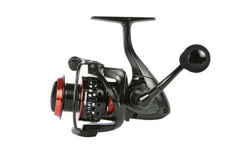 Ceymar Spinning Reel Size 10 With Five Pound Max Drag Ultra Lightweight For All Day Fishing Smooth Drag System Seven Ball Bearings Plus One Roller Bearing Quick Set Anti Reverse Black And Red side view