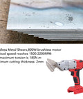 Cordless Electric Metal Shears With Brushless Motor, 18V Battery Powered Sheet Metal Cutter next to metal sheets on a work surface.