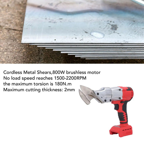 Cordless Electric Metal Shears With Brushless Motor, 18V Battery Powered Sheet Metal Cutter next to metal sheets on a work surface.