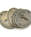Top Tier 10 Pack Zinc Alloy Oval Keyhole Escutcheons Heavy Duty Antique Bronze Lock Covers showing three oval plates with keyholes.