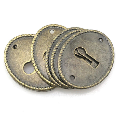 Top Tier 10 Pack Zinc Alloy Oval Keyhole Escutcheons Heavy Duty Antique Bronze Lock Covers showing three oval plates with keyholes.