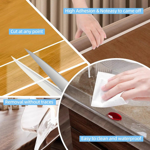 Straight Up Protection Ninja Soft Clear Edge Corner Protectors Baby Proofing Strips Peel And Stick Table Cabinet Guards Toddler Safe Anti Scratch Wall Edges 13 Foot Roll, showcasing cuttable clear PVC edge protector in use.