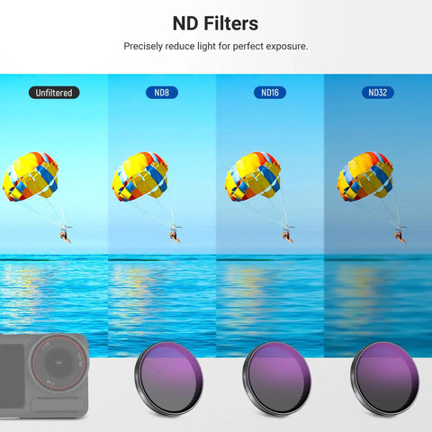 Comparison of parasailing scene with Osmo Action ND Filter Set For 5 Pro 4 And 3 4 Pack Includes ND8 ND16 ND32 and CPL Polarizer.