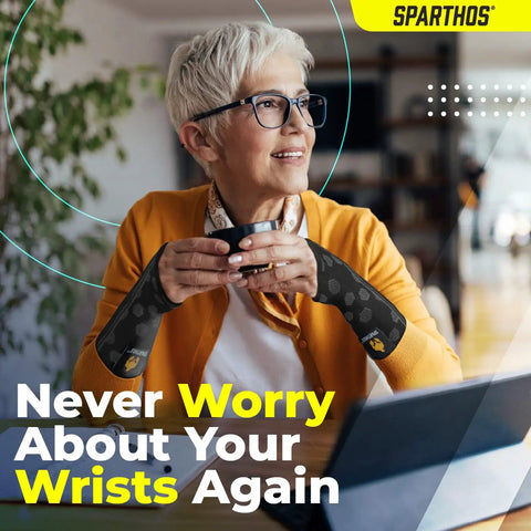Woman wearing Wrist Support Sleeves Pair For All Day Pain Relief, Medical Grade Compression for carpal tunnel, medium size.