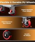 CAMMOO hydraulic lift table cart, gray steel frame, 330 lb capacity, red polyurethane front and rear wheels