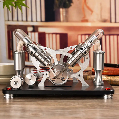 All Metal V4 Parallel Four Cylinder Stirling Engine Kit With Dual Engine Drive And Generator Output External Combustion Educational Display Model For Adults Premium Alloy Steel Aluminum Brass Build DIY Nerdy Desk Toy, front view