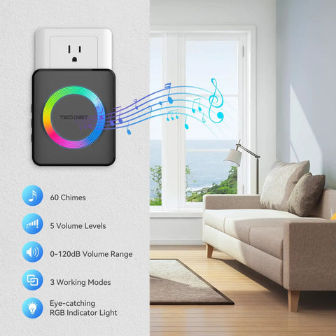 Wireless Doorbell Kit With Two Plug-In Receivers, IP65 Waterproof, 1300ft Range, 60 Melodies and 5 Volume Levels, living room display