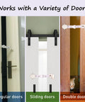 Adjustable Child Proof Door Locks With Door Strap Latch No Drill Setup shown mounted on regular, sliding, and double doors.