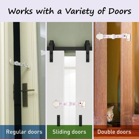 Adjustable Child Proof Door Locks With Door Strap Latch No Drill Setup shown mounted on regular, sliding, and double doors.
