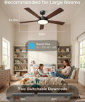 Boost Your Room Chill Level With This 52 Inch Smart Ceiling Fan in a large bedroom setting, featuring brown wooden blades and a dimmable light.