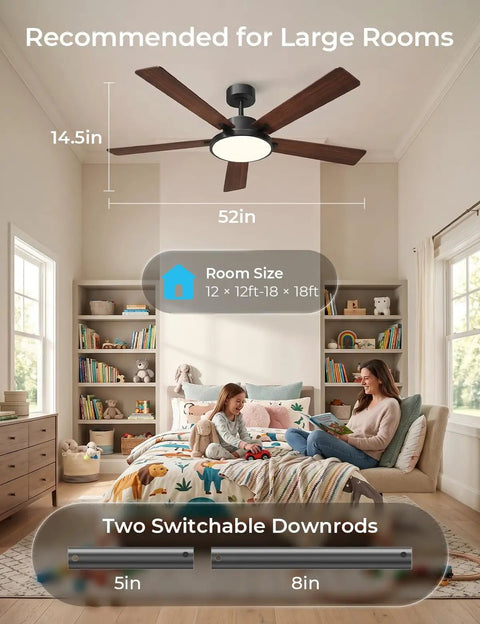 Boost Your Room Chill Level With This 52 Inch Smart Ceiling Fan in a large bedroom setting, featuring brown wooden blades and a dimmable light.