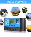 30A PWM Solar Charge Controller for 12V and 24V systems with LCD display and dual USB ports in various usage scenarios