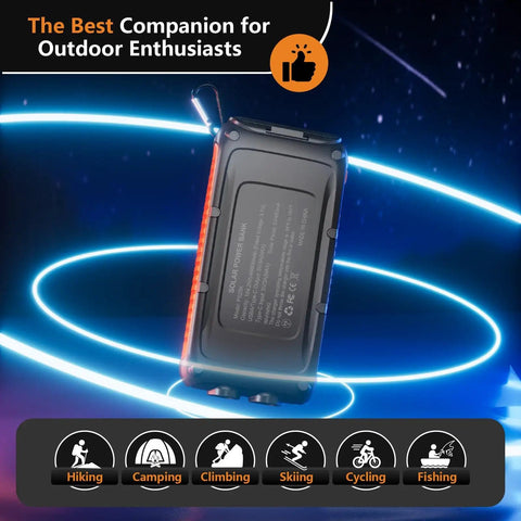 Ultra High Capacity Solar Power Bank 49800mAh Portable Charger With Dual USB A And Type C Ports shown with outdoor sports icons