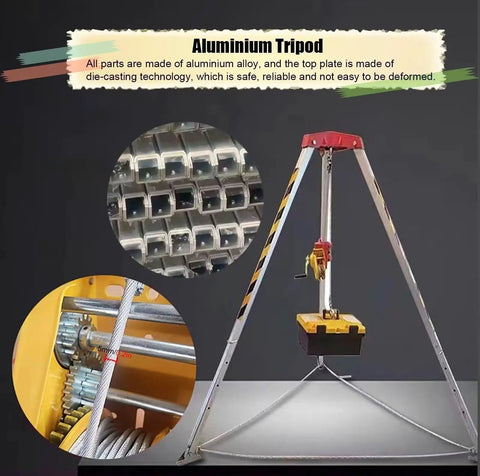 Beefy Aluminum Rescue Tripod For Confined Space Operations With Two Six Zero Lbs Winch And Harness showing aluminum framing and equipment details.