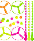 50 Pack Flying Disc Toy Set With Swirly Sticks, Spinners, And Rings, colorful plastic parts laid out for kids' outdoor play