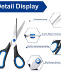 Detail display of All Purpose 8 Inch Scissors 6 Pack With Comfort Grip for office, crafting, sewing; features and close-ups shown.