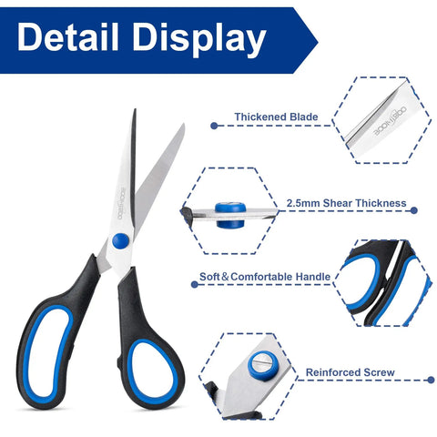 Detail display of All Purpose 8 Inch Scissors 6 Pack With Comfort Grip for office, crafting, sewing; features and close-ups shown.