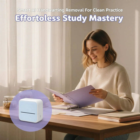 YhomU Portable Mini Label Maker Machine With Wireless Thermal Printing For Ios And Android Phones on wooden desk with student organizing notes.
