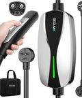 Portable Tesla Ev Charger Level 1 And Level 2 Etl Certified Dual Voltage Cable With 25 Foot Cord showing plug, handle and connection ports.