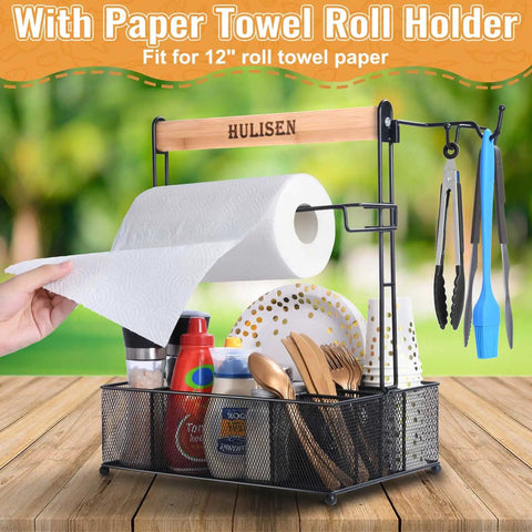 Grill Caddy With Built In Paper Towel Holder For Outdoor BBQ Grilling And Tailgating, Multi Pocket Organizer with paper towels, utensils, condiments, and plates