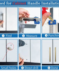 Precision Cabinet Hardware Installation Jig With Automatic Center Punch And Spot Drill Bits For Nail It Every Time Drawer Knob Mounting process steps.