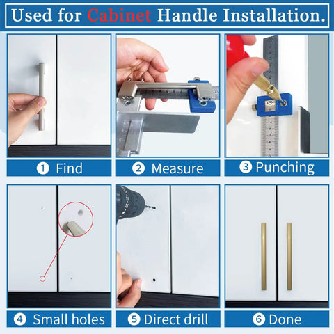 Precision Cabinet Hardware Installation Jig With Automatic Center Punch And Spot Drill Bits For Nail It Every Time Drawer Knob Mounting process steps.