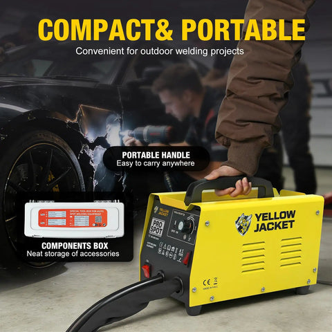 Person holding Auto Body Spot Welder Dent Puller 3000W With Seven Welding Modes For Cars Trucks And Motorcycles Dent Repair Kit, yellow