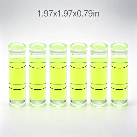 6Pcs Small Cylindrical Bubble Level Vials 10X35Mm Pmma Mini in bright yellow, showcasing precision level markings.
