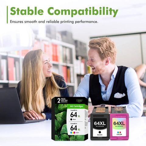 64XL Black And Tri Color Ink Cartridges Replacement For Envy Photo Printers with packaging and two cartridges on desk