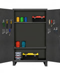Heavy Duty 12 Gauge Steel Storage Cabinet With Pegboard Door And Adjustable Shelves, Built Different For Garage And Workshop Spaces, Boss Level Industrial Organizer In Gray, showcasing tools and storage.