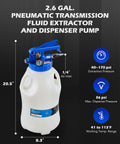 2.6 gal pneumatic fluid extractor with blue handle, 20.5" height, labeled pressures, part of Oil Extractor Pump And Dispenser Kit For Cars And Trucks Garage Ready 10 Liter Pneumatic Bleeder With Two Point Six Gallon Capacity Dual Vacuum Evacuator And Filler 15 ATF Adapters Three Hoses Easy Quick Fluid Change.