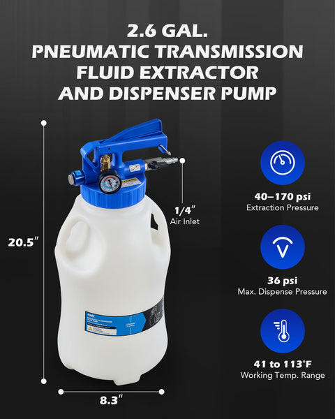 2.6 gal pneumatic fluid extractor with blue handle, 20.5" height, labeled pressures, part of Oil Extractor Pump And Dispenser Kit For Cars And Trucks Garage Ready 10 Liter Pneumatic Bleeder With Two Point Six Gallon Capacity Dual Vacuum Evacuator And Filler 15 ATF Adapters Three Hoses Easy Quick Fluid Change.