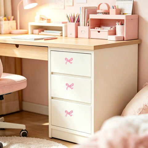 Styled desk with pink bow drawer knobs from the 6 Pack Pink Bow Drawer Knobs Rock Solid Zinc Alloy Cabinet Hardware With Vintage Coquette Styling Super Cute Dresser Pulls Single Hole Mounting For Nursery And Closet Instant Room Glow Up.