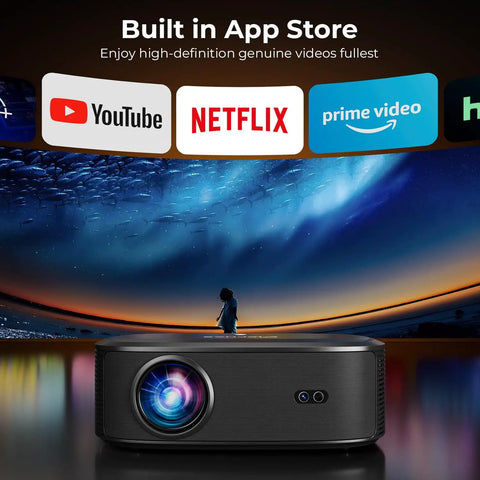 4K Projector With WiFi And Bluetooth, 3000 ANSI Lumens, Outdoor Movie Night Ready, Smart Home Theater displaying streaming apps