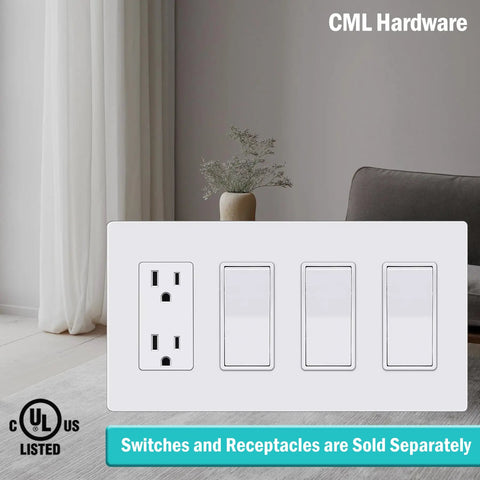 Screwless 4 Gang Wall Plate White Decor Outlet Cover for Standard Size 4.68 by 8.34 Inches Durable Impact Resistant Polycarbonate