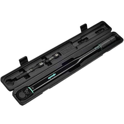 Beefy 1/2-Inch Drive Click Torque Wrench With 25-250 Ft-Lb Range in case, Cr-V ratchet head, satin finish, knurled grip visible