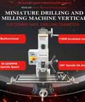 Precision Benchtop Drill And Mill Machine Featuring R8 Spindle Taper And 1.5HP Brushless Motor, 25mm max drilling diameter.