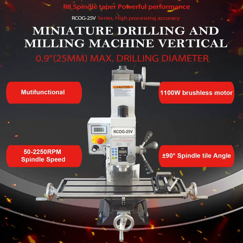 Precision Benchtop Drill And Mill Machine Featuring R8 Spindle Taper And 1.5HP Brushless Motor, 25mm max drilling diameter.