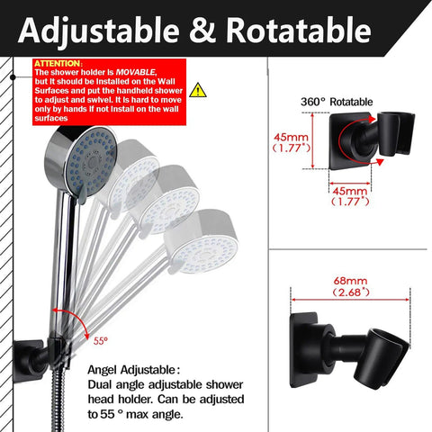 Adjustable All Metal Brass Handheld Shower Wand Bracket With Adhesive Wall Mount, black finish, showing 360° rotation.