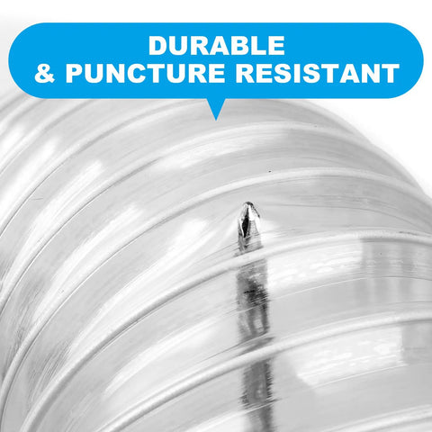 Close-up of Heavy Duty 4 Inch By 50 Foot PVC Dust Collection Hose showing durable, puncture-resistant clear material with clamp.