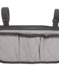 Bed Rail Hanging Organizer With Four Pockets For Bedside Essentials Grab And Go Caregiver Friendly Storage Pouch, grey quilted fabric