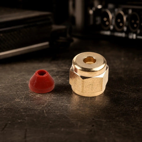 Heavy Duty Simhoa Stage Fog Machine Nozzle Replacement Fitting With Brass Hex Body Threaded Connector And Cap For Epic Nightclubs And Party Event Setups, brass hex connector and red cap.
